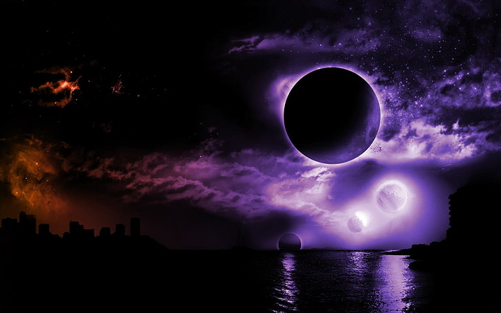 moon illustration, space, digital art, night, Kansas City, purple, HD wallpaper
