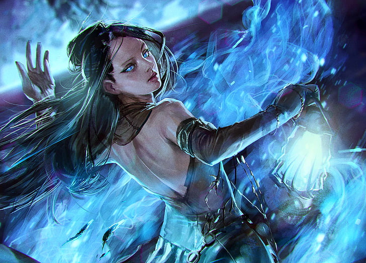 female character wallpaper, girl, blue, fire, flame, magic, figure