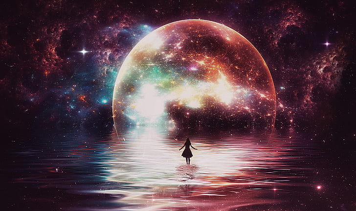 Moon, water, glowing, stars, colorful, warm colors, women, Photoshop