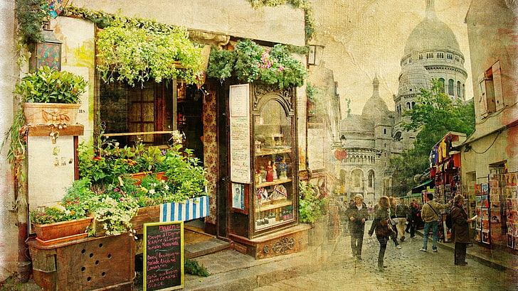 people near flower shop painting, cityscape, architecture, town square