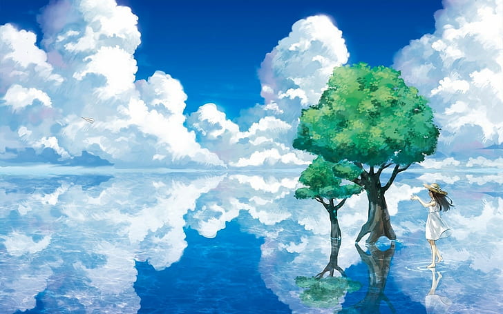 anime clouds sea trees paperplanes, cloud - sky, beauty in nature, HD wallpaper