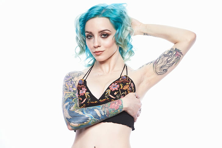 women, dyed hair, tattoo, simple background, armpits, pale