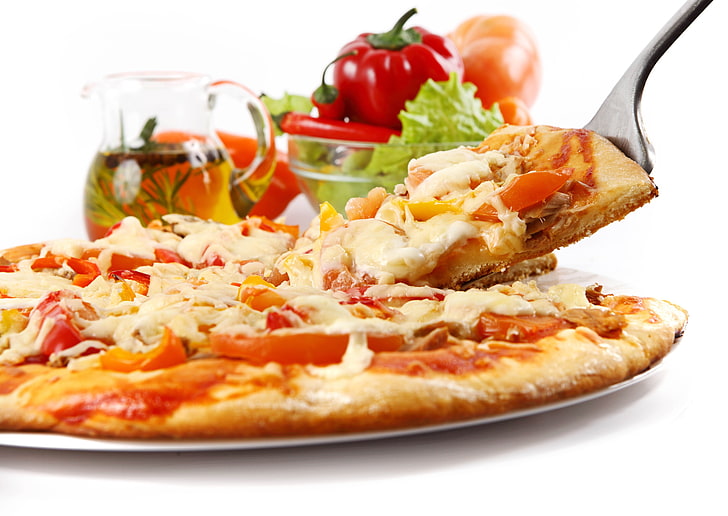 baked pizza, piece, spoon, white background, food, tomato, cheese, HD wallpaper