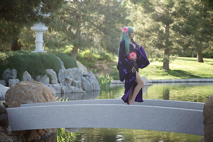 women' purple side-slit long dress, Jessica Nigri, water, full length, HD wallpaper