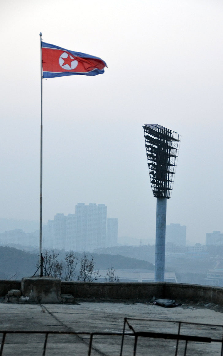 architecture, building, DPRK, North Korea, flag, city, patriotism