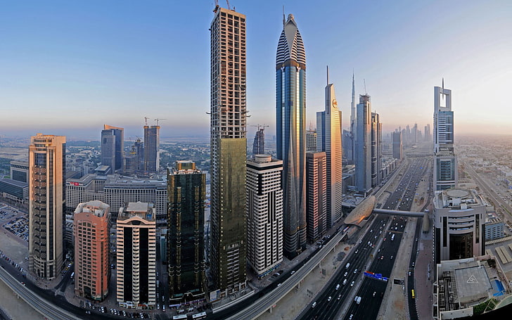cityscape, Dubai, skycrapers, traffic, construction site, building exterior