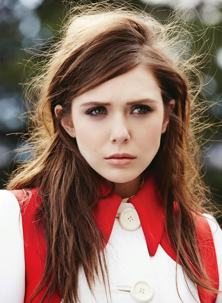 women's red and white collar top, Elizabeth Olsen , celebrity