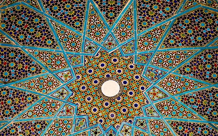 multicolored star tiled wall, Iran, Shiraz, pattern, full frame