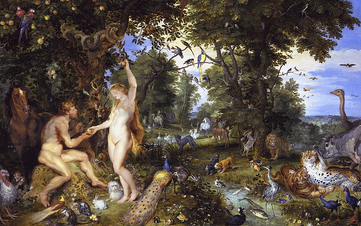 animals, picture, Eva, Adam, Peter Paul Rubens, mythology, Jan Brueghel the elder