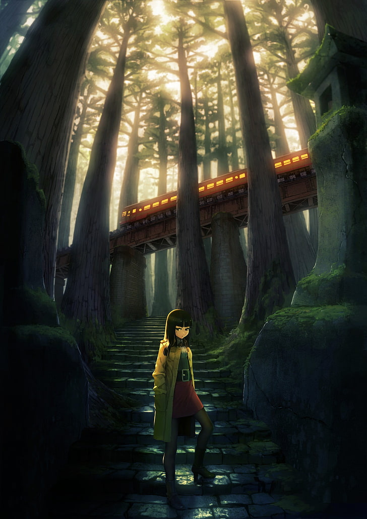 black-haired girl anime character wallpaper, vertical, train