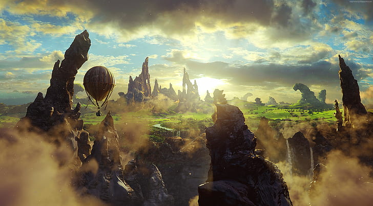 4k, Oz: the Great and Powerful, cliffs, fantasy, sky, 5k, baloon, HD wallpaper
