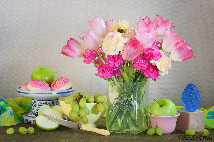 food, fruit, apples, grapes, flowers, plants, still life, HD wallpaper