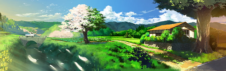 green trees, brown houses, and mountains painting, artwork, anime