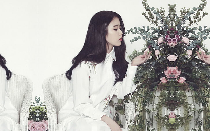iu, girl, flower, kpop, cute, white, plant, young adult, lifestyles, HD wallpaper