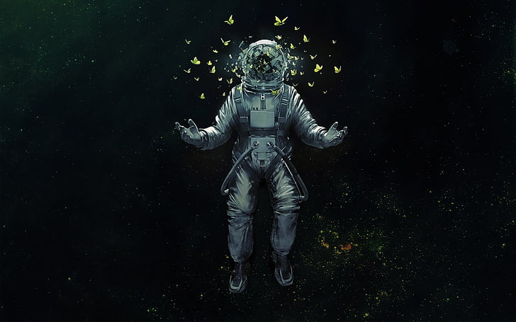 person wearing astronaut suit illustration, space, butterfly