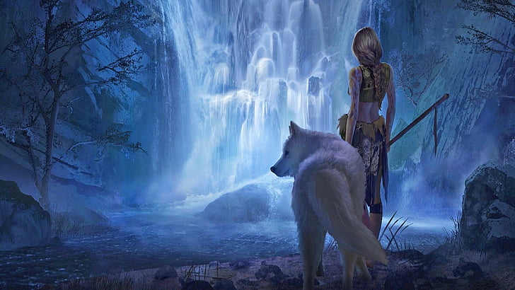 white wolf, fantasy art, waterfall, bluish, nature, fictional character, HD wallpaper