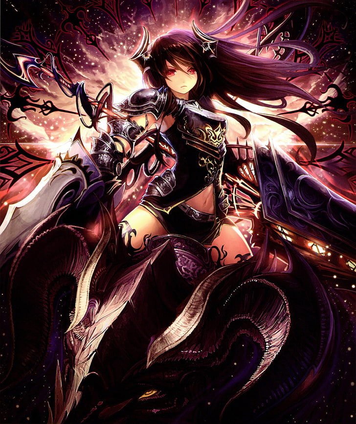 black haired female illustration, Shingeki no Bahamut, armor, HD wallpaper