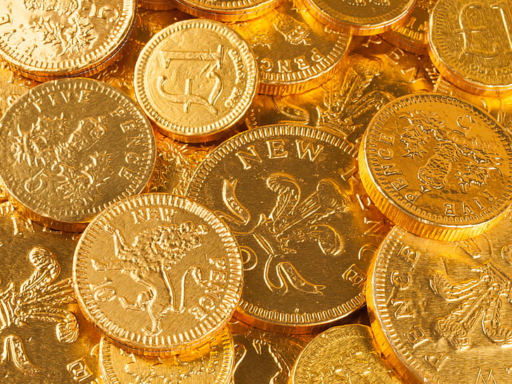 Five Fence gold coins, Chocolate Coins, Macro, Olympus E-3, SLR, HD wallpaper
