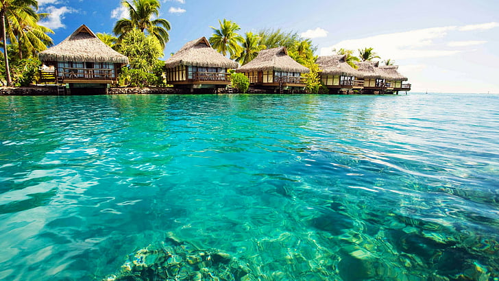 overwater, bungalow, summer, sea, resort, bahamas, tropics, HD wallpaper