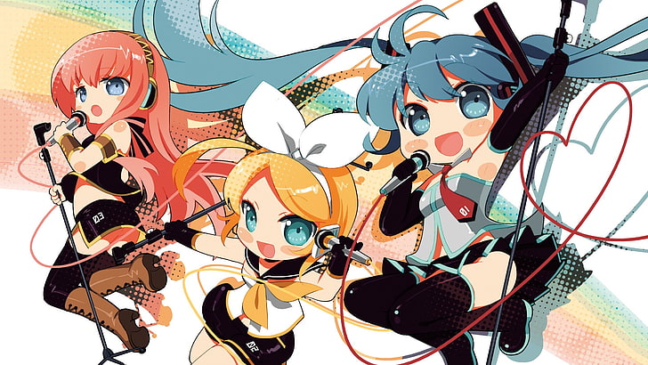 Hatsune Miku and two other vocaloids, anime girls, Megurine Luka, HD wallpaper