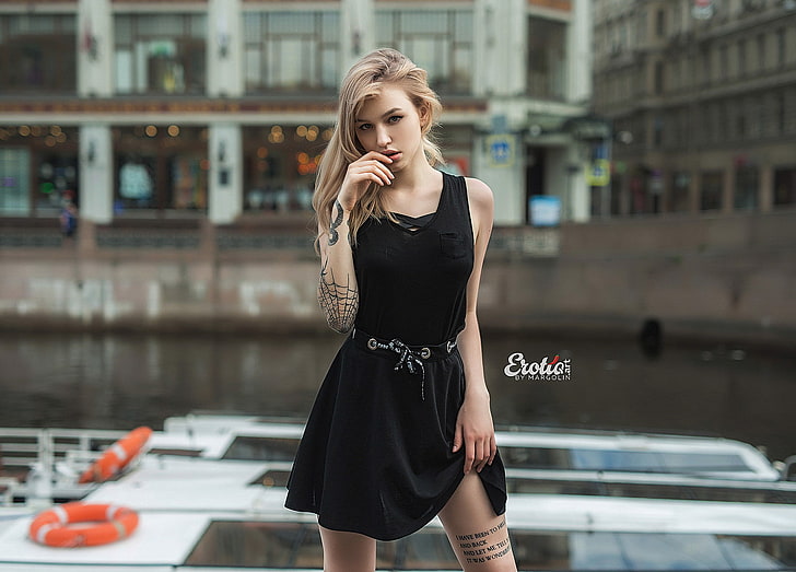 women's black and white dress, blonde, portrait, tattoo, black dress