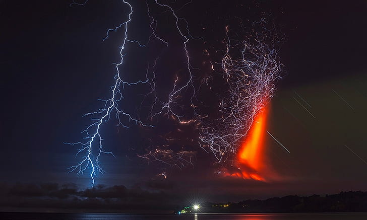nature, night, lightning, lake, Chile, clouds, Calbuco Volcano