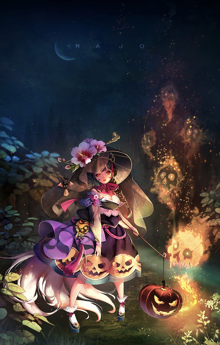 witch, Halloween, pumpkin, night, one person, nature, women, HD wallpaper
