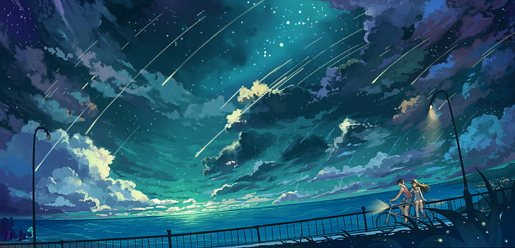 sky, stars, night, clouds, bicycle, anime, sea, anime girls