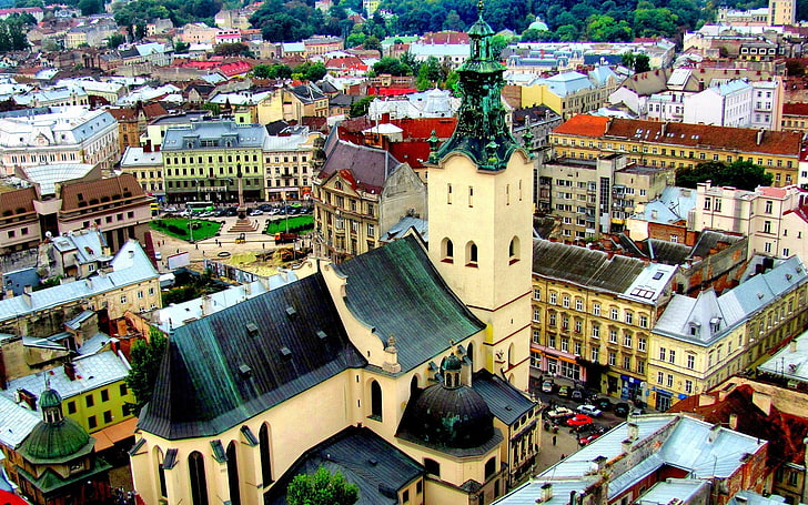 aerial view photo of cathedral, city, building exterior, architecture