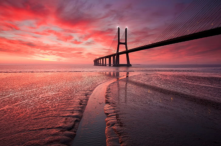 bridge, sea, Vasco da Gama Bridge, Portugal, purple sky, dusk, HD wallpaper