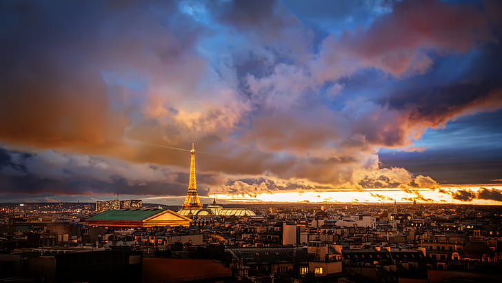 eiffel tower, cloudy, horizon, paris, france, cityscape, evening
