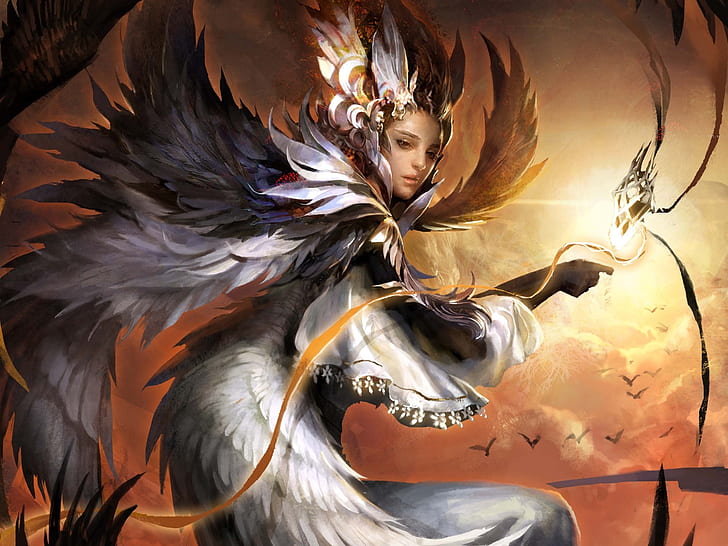 Fantasy girl, phoenix, wings, HD wallpaper
