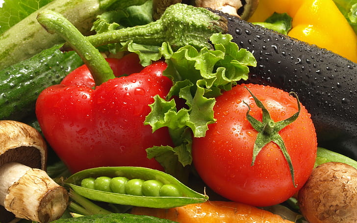 Vegetables, Red pepper, Tomato, Eggplant, Pea, Water drops, Fresh, Close Up