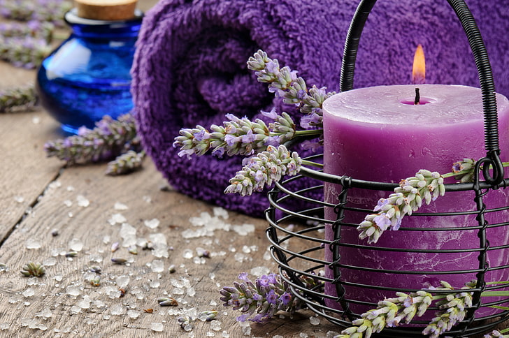 purple pillar candle, oil, towel, lavender, flower, flowering plant, HD wallpaper