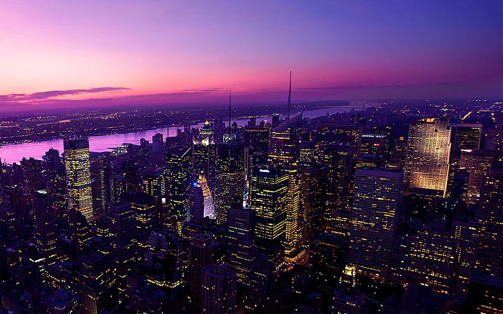 city buildings, New York City, sunset, cityscape, building exterior, HD wallpaper