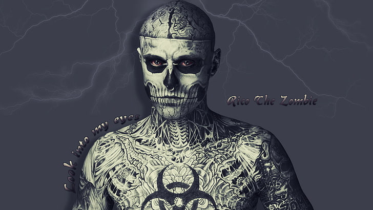 white and black skull illustration, eyes, lightning, tattoo, Rico