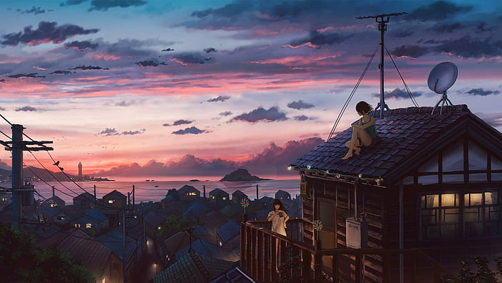 Japan, digital art, calm, sunset, clouds, sea, HD wallpaper