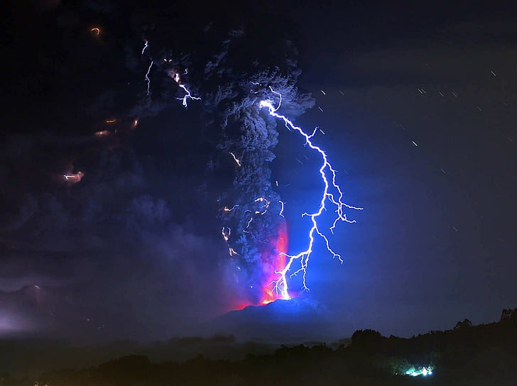 volcano, lightning, nature