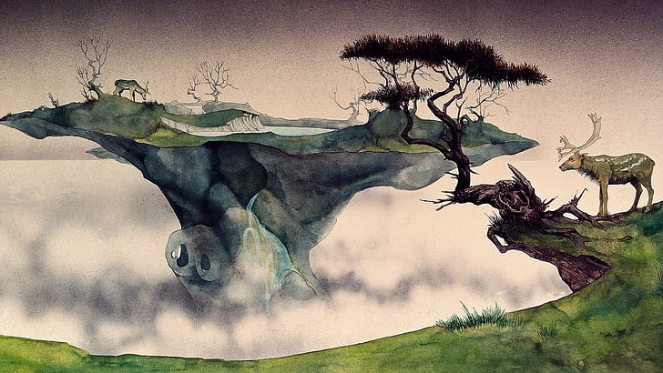 fantasy art floating island nature animals deer trees mist lake painting watercolor ink roger dean