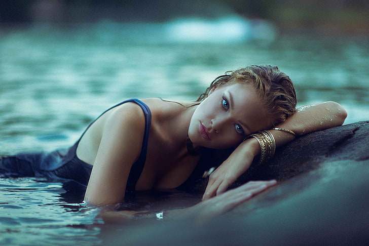 women's black top, model, blonde, river, wet body, wet clothing