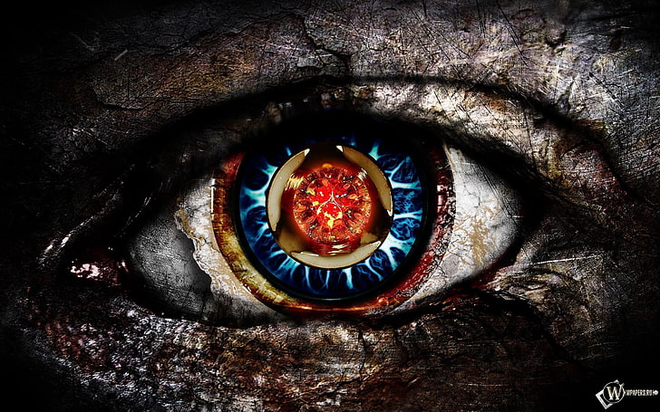 multicolored human eye painting, blue eyes, red eyes, anime, artwork