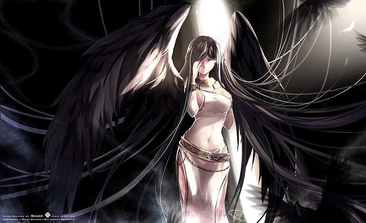 angels wings black long hair mabinogi anime morrighan skade People Long hair HD Art, HD wallpaper