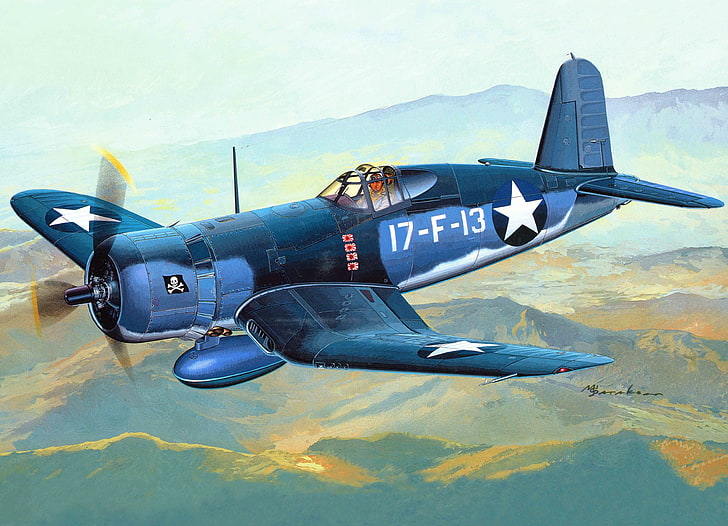 the plane, fighter, art, USA, sea, corsairs, Navy, deck, WW2., HD wallpaper