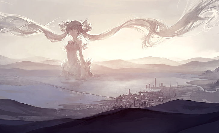 long-haired female anime character illustration, landscape, Hatsune Miku