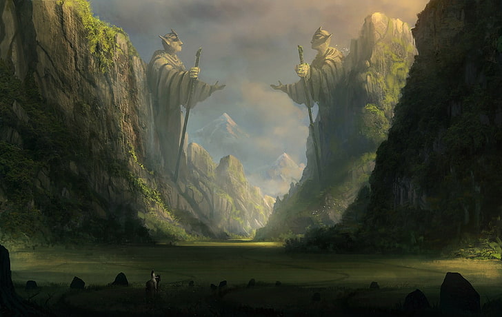 mountain range with statue under nimbus clouds wallpaper, digital art