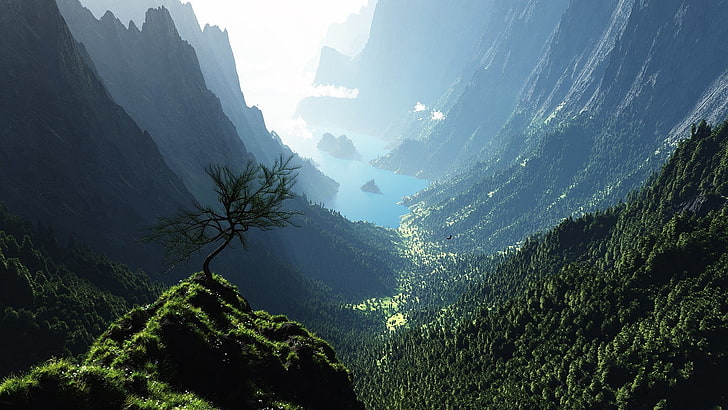birds eye view of green mountains, body of water between mountains, HD wallpaper