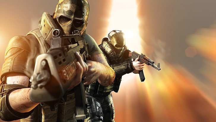 two soldier holding rifle digital wallpaper, army of two, arms, HD wallpaper