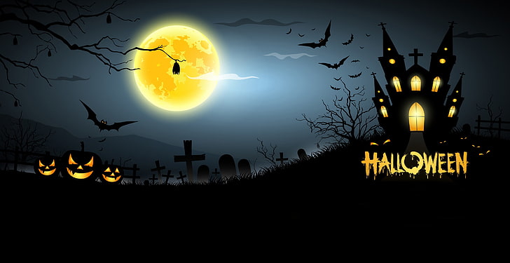 black castle Halloween illustration, house, cemetery, pumpkin, HD wallpaper