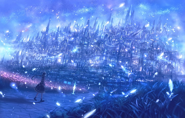 anime landscape, polychromatic, fantasy land, leaves, buildings, HD wallpaper