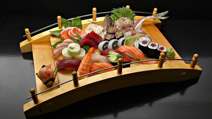 salmon sushi and miki, food, shrimp, sashimi, food and drink